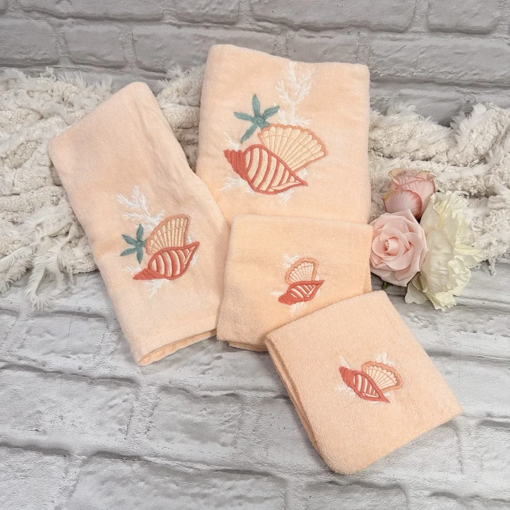 Vtg RA Briggs Seashell Embroidered Peach Bath Towel 4pc Set Beach House Seashore